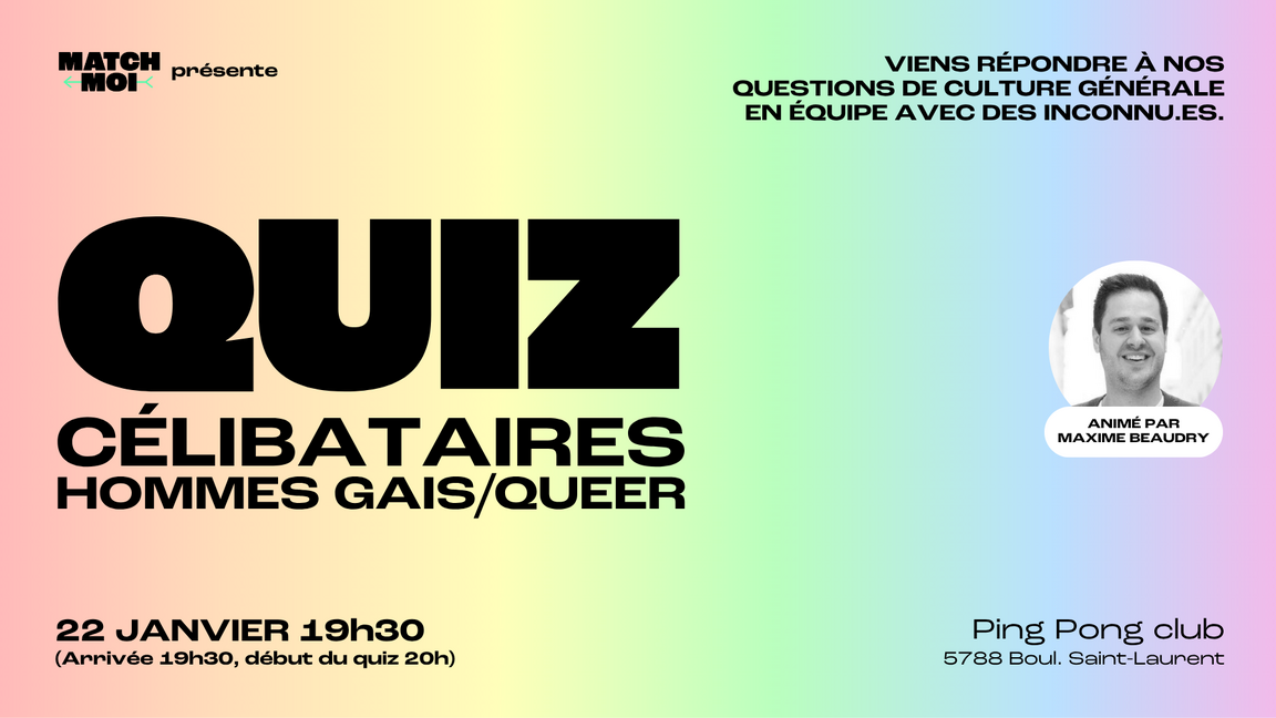 Soirée Quiz pour Célibataires - Hommes gais/queer (25 à 40 ans)