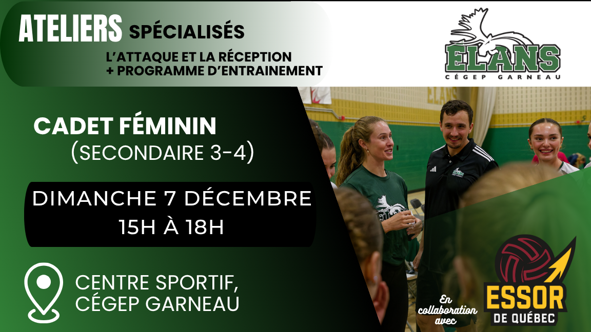 Ateliers de volleyball féminin - Cadet (secondaire 3-4)